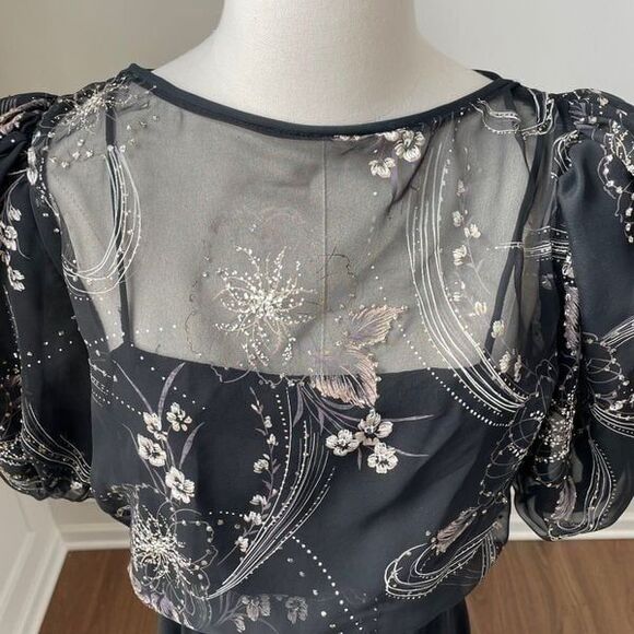 Black Blouson Top Pouf Sleeve Midi Dress L - Picture 3 of 8